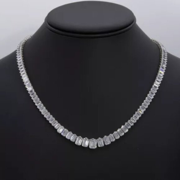 graduated baguette tennis chain necklace real sterling silver 925 16" 18"